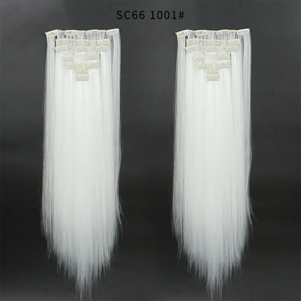 Buabuda-extensiones de cabello sintético largo y liso, 16Clips, fibra de alta temperatura, color rubio, negro y marrón