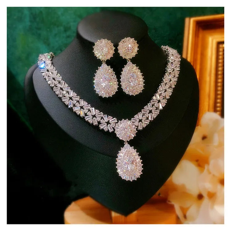 Conjuntos de joyería nupcial para mujer, pendientes de gota de aguja de plata S925, collares, colgantes, corona, boda, accesorios de circonita cúbica