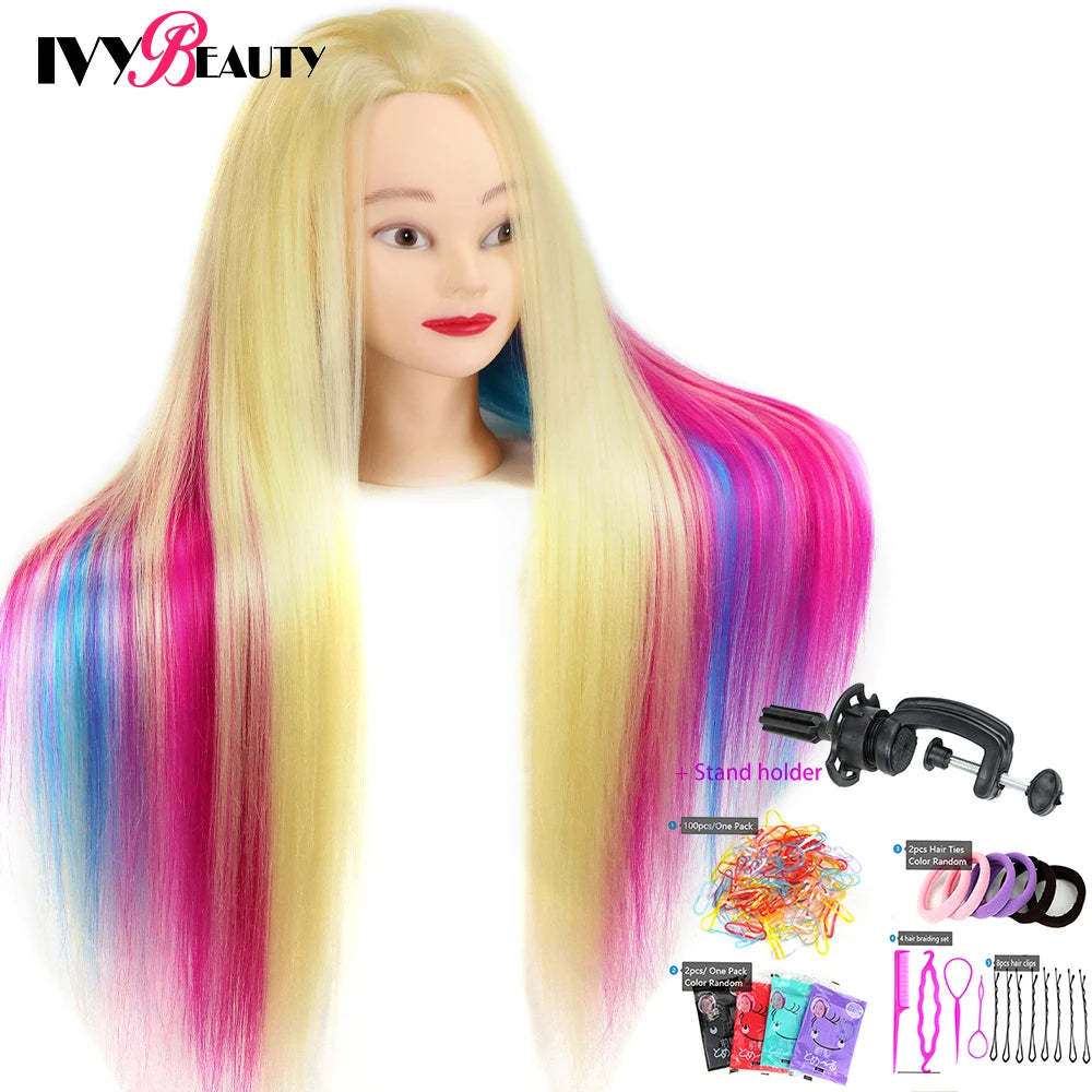Cabeza de muñeca de maniquí de cosmetología con pelo de Color arcoíris para trenzar el cabello, entrenamiento de peinado, exhibición de salón de peluquería