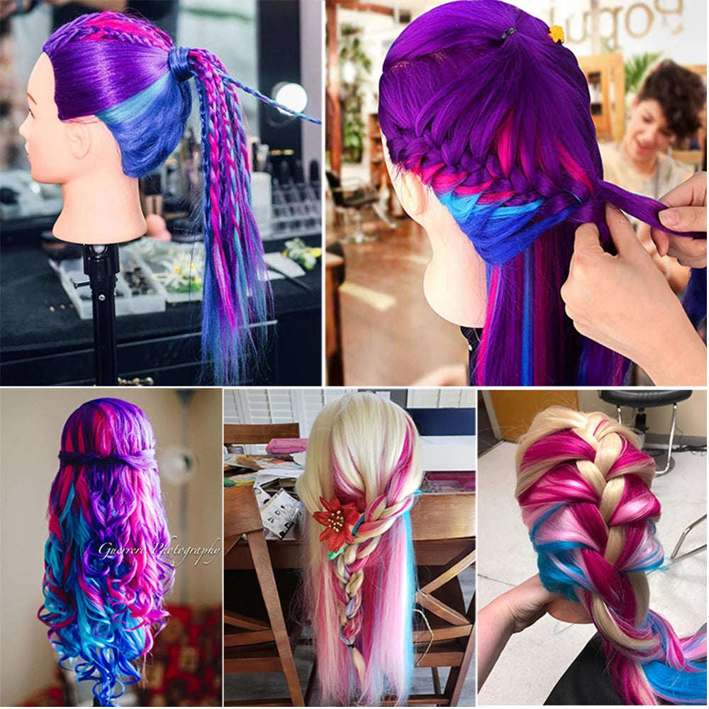 Cabeza de muñeca de maniquí de cosmetología con pelo de Color arcoíris para trenzar el cabello, entrenamiento de peinado, exhibición de salón de peluquería