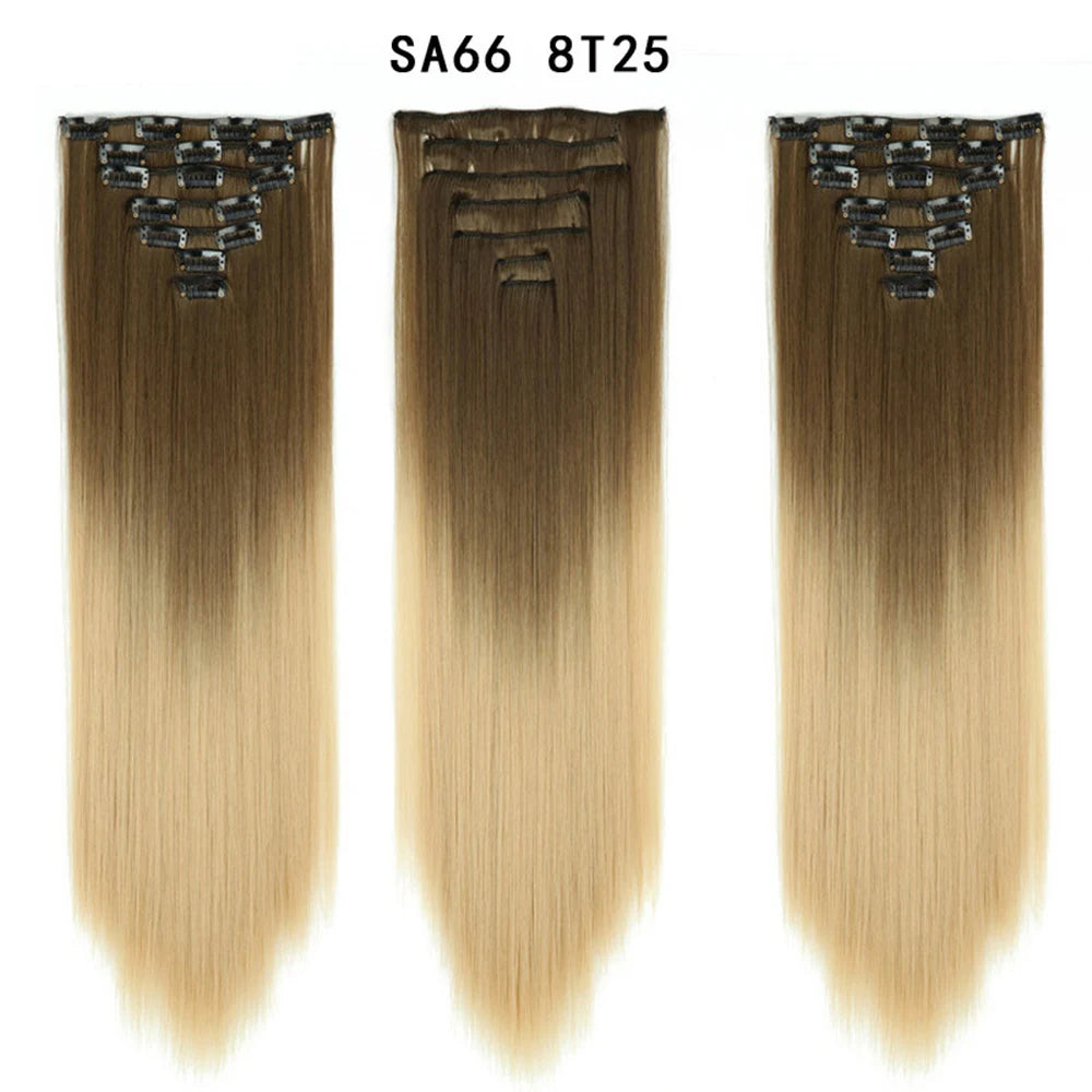 Buabuda-extensiones de cabello sintético largo y liso, 16Clips, fibra de alta temperatura, color rubio, negro y marrón