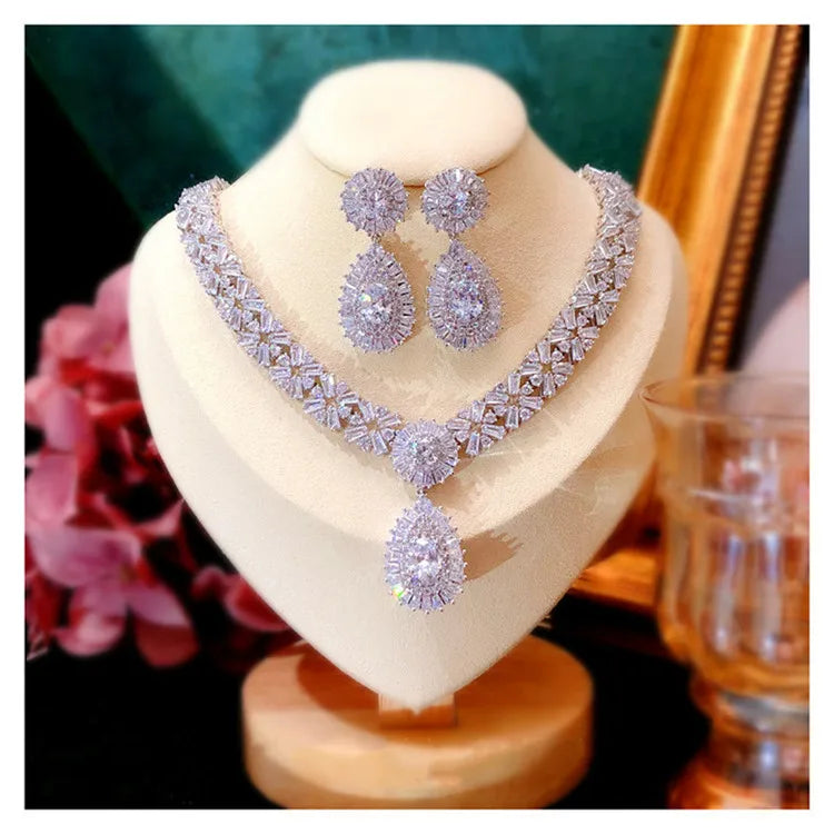 Conjuntos de joyería nupcial para mujer, pendientes de gota de aguja de plata S925, collares, colgantes, corona, boda, accesorios de circonita cúbica