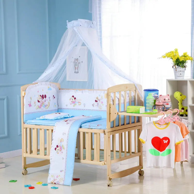 Beedome Pine Baby Cuna con estante, puede extender a una cama para niños de 1,4 metros, mecedora con 4 ruedas