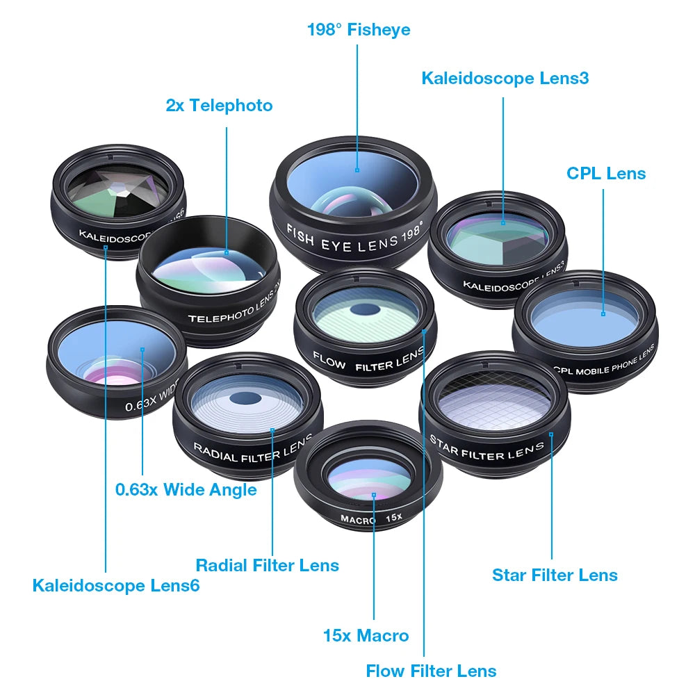 APEXEL kit de lentes de teléfono universal 10 en 1 lente macro gran angular ojo de pez filtro CPL caleidoscopio + lente telescópica 2X para teléfono inteligente