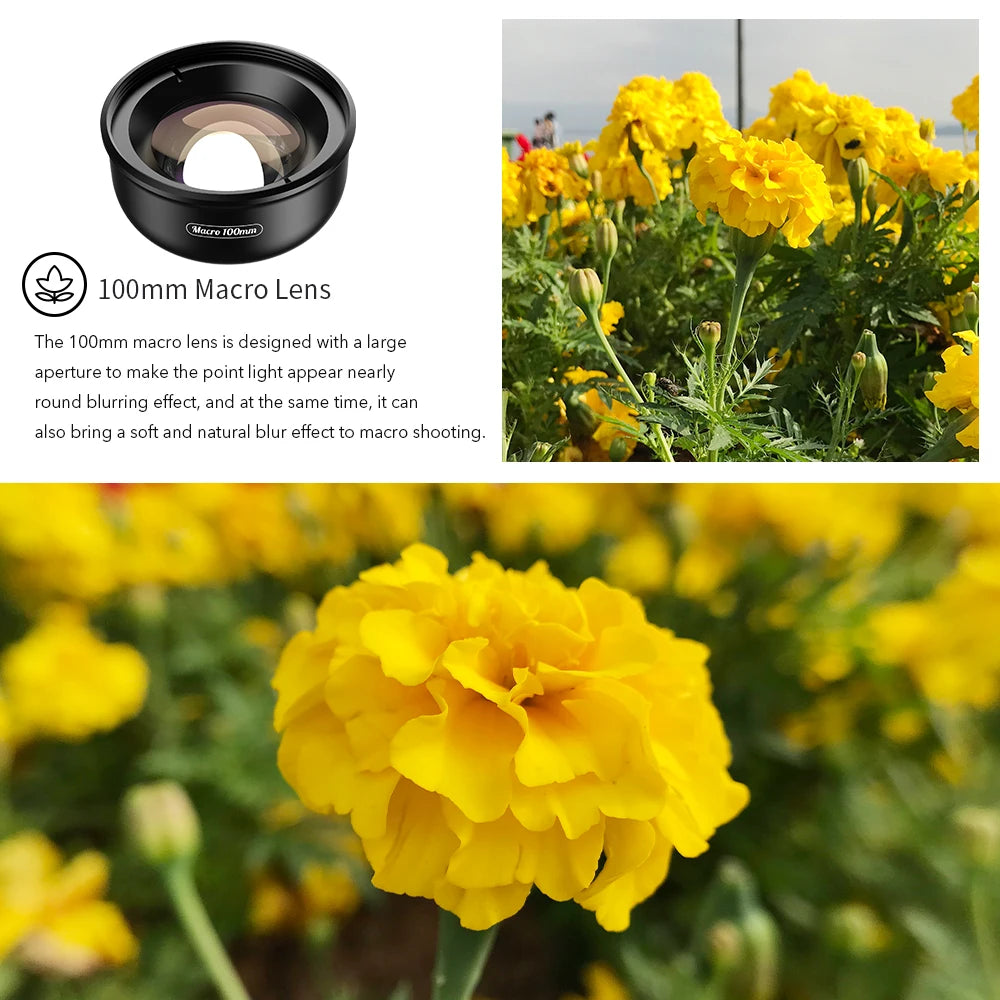 APEXEL nueva llegada 4k HD 100mm macro Micro lente con filtro CPL abrazadera multifuncional para iPhone Samsung y todos los teléfonos inteligentes