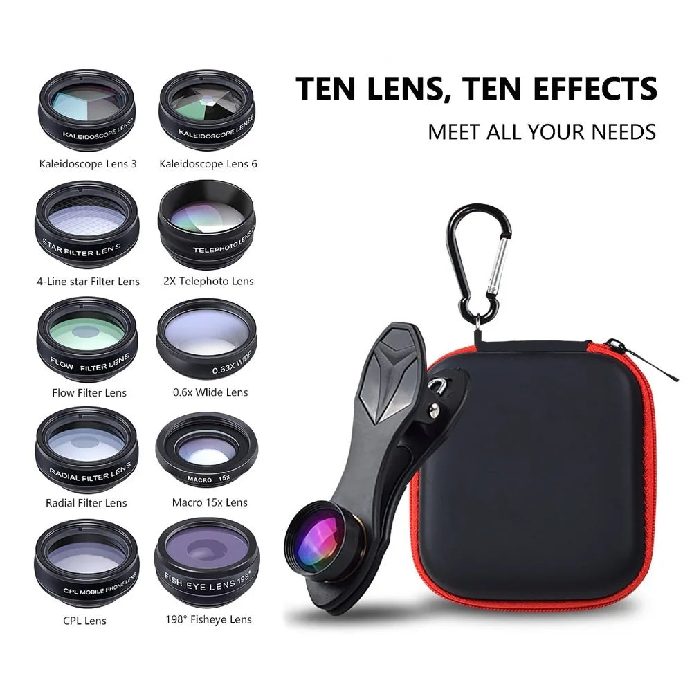 APEXEL kit de lentes de teléfono universal 10 en 1 lente macro gran angular ojo de pez filtro CPL caleidoscopio + lente telescópica 2X para teléfono inteligente