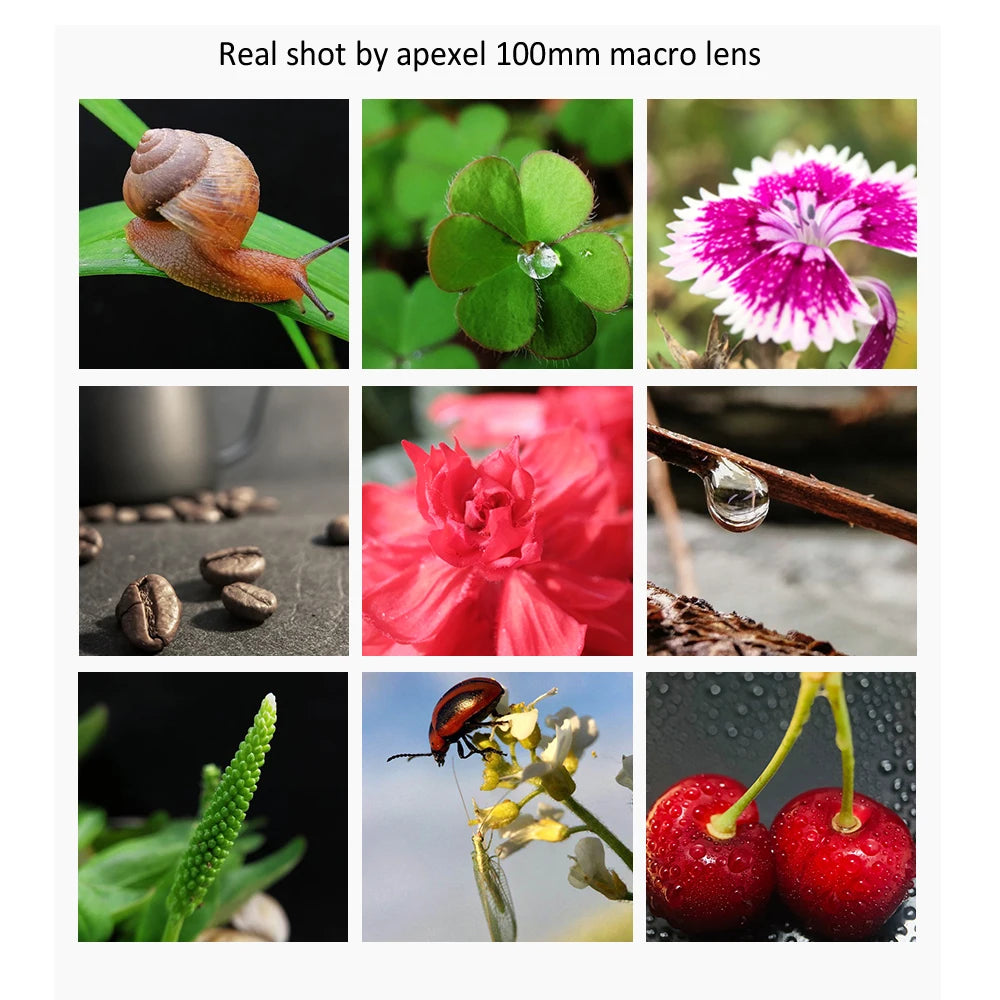 APEXEL nueva llegada 4k HD 100mm macro Micro lente con filtro CPL abrazadera multifuncional para iPhone Samsung y todos los teléfonos inteligentes