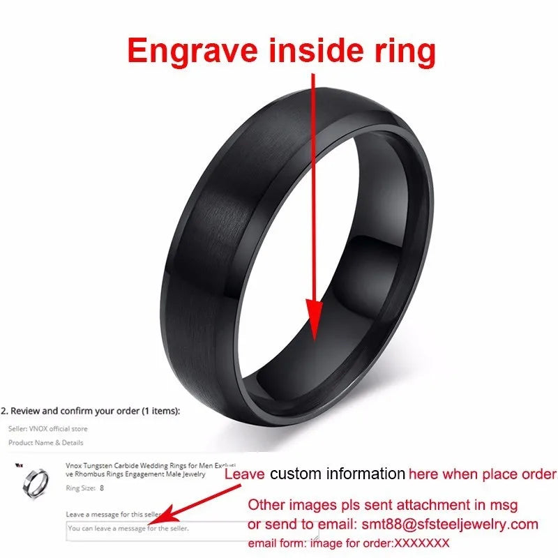 Vnox-Anillo de boda personalizado de acero inoxidable para hombres y mujeres, anillo central cepillado con borde biselado, banda negra, nombre grabado, letra, fecha