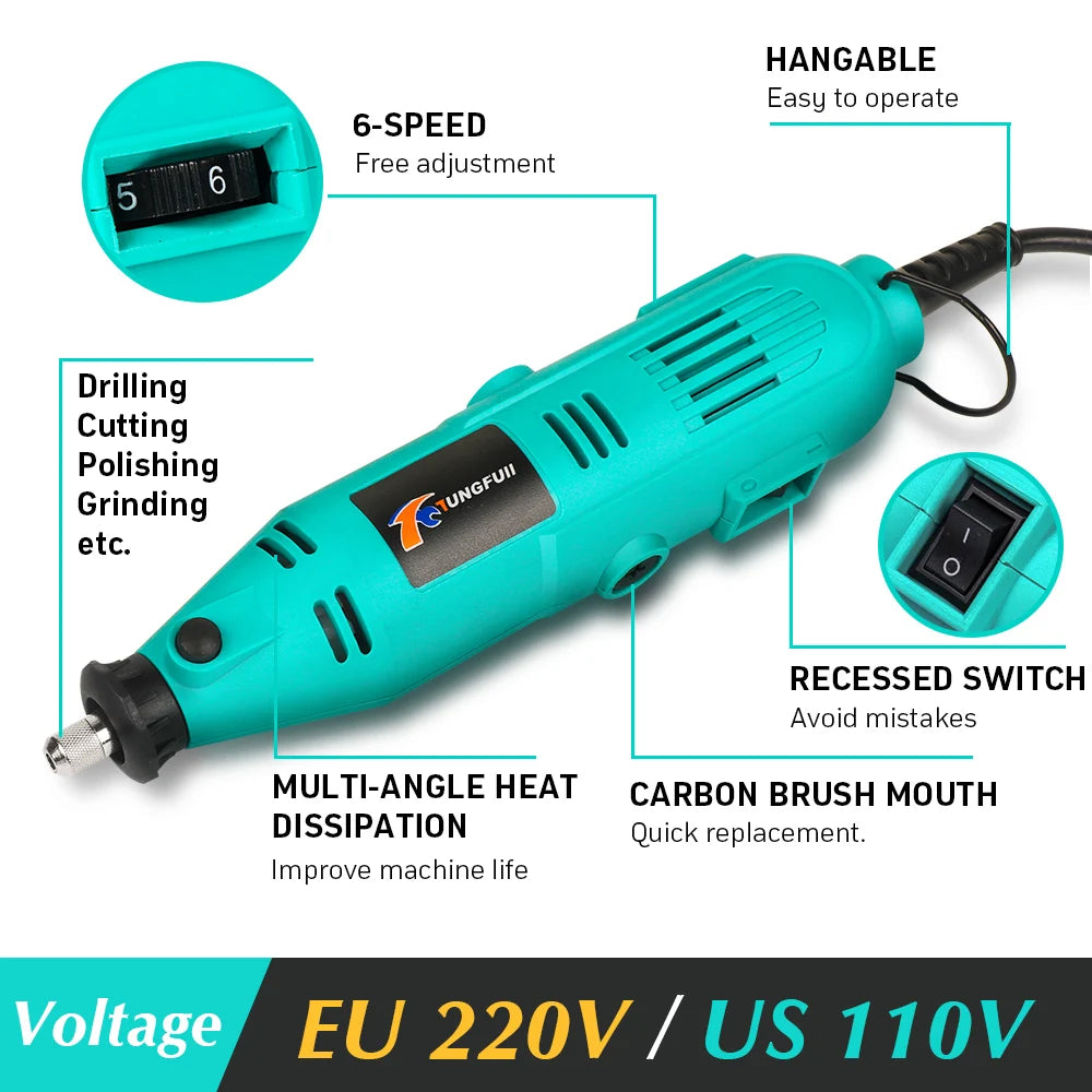 Tungfull-Mini taladro eléctrico, accesorios de brocas, herramientas de carpintería, velocidad Variable, herramienta rotativa eléctrica, Mini amoladora de taladro