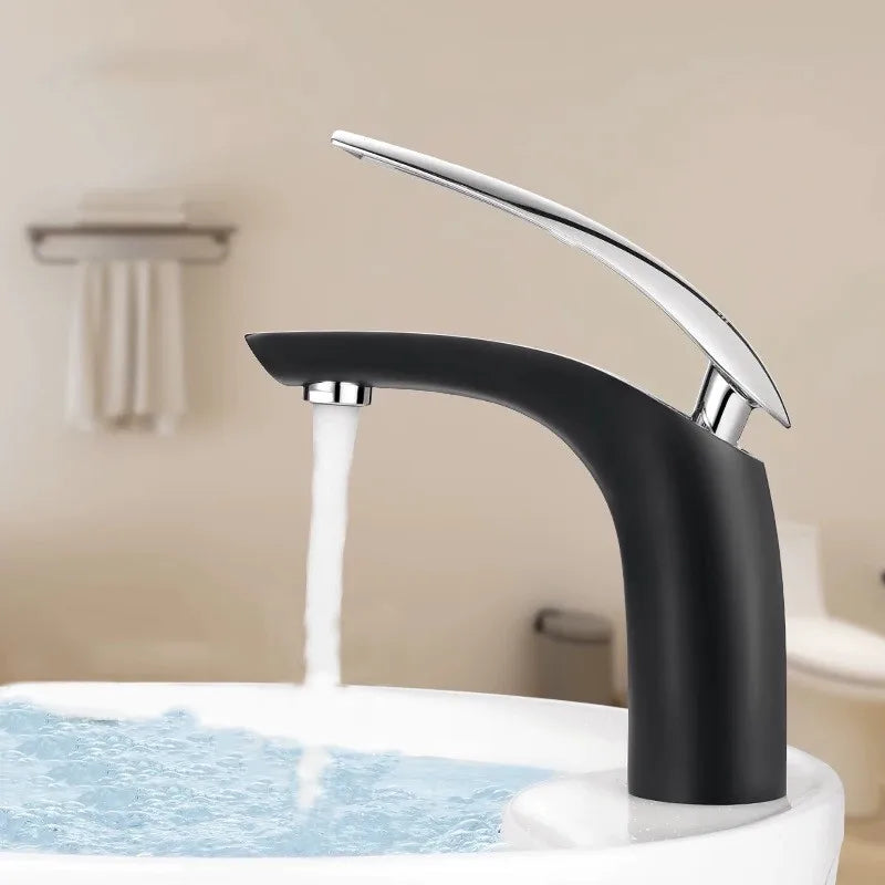 Grifos de Baño de Estilo Moderno, Grifo de Lavabo de Latón Negro/Plateado, Grifo de Lavabo de un Solo Orificio, Grifo Mezclador de Agua Fría y Caliente, Torneira
