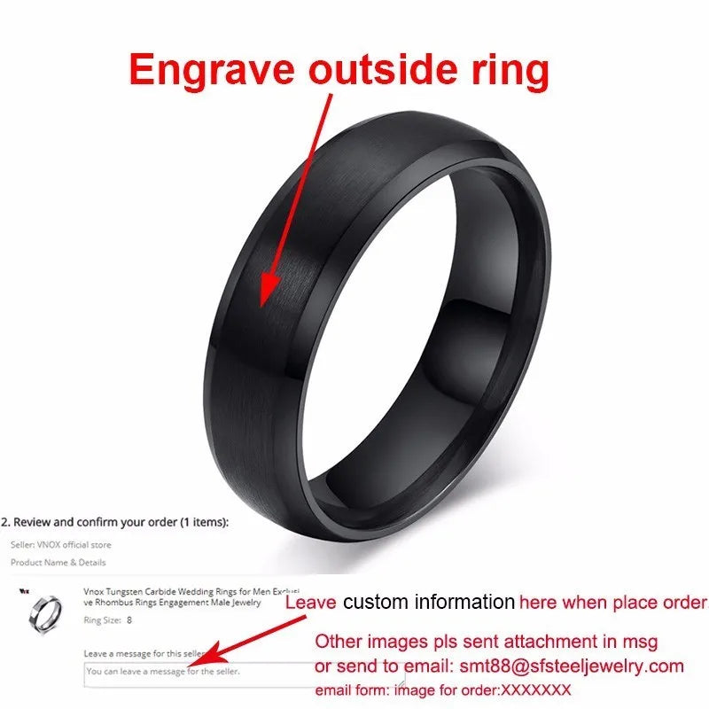 Vnox-Anillo de boda personalizado de acero inoxidable para hombres y mujeres, anillo central cepillado con borde biselado, banda negra, nombre grabado, letra, fecha