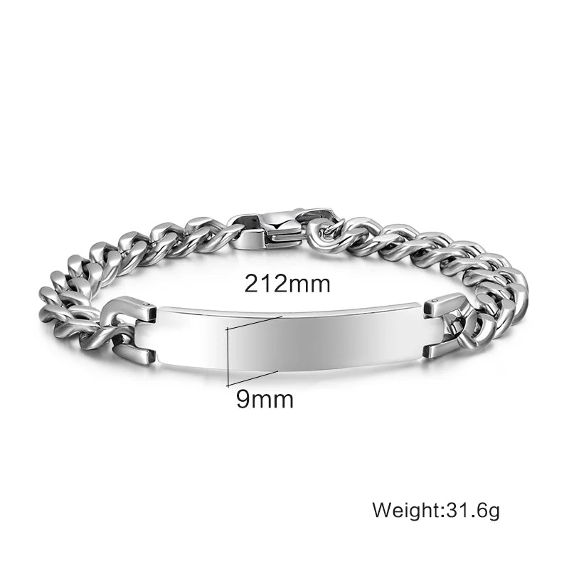 Pulsera de acero inoxidable con identificación de cadena para hombre, brazalete personalizado de Color plateado, barra personalizada con nombres, iniciales, fecha, joyería masculina