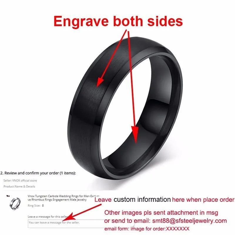 Vnox-Anillo de boda personalizado de acero inoxidable para hombres y mujeres, anillo central cepillado con borde biselado, banda negra, nombre grabado, letra, fecha