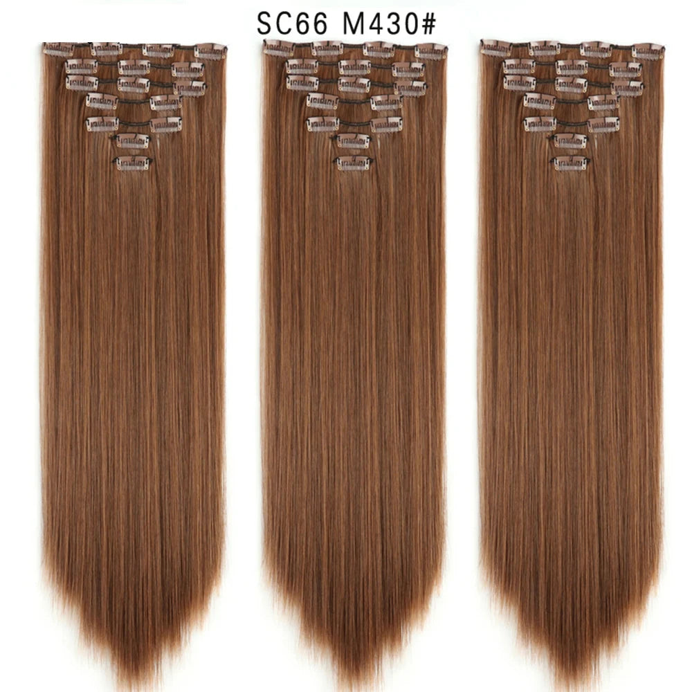 Buabuda-extensiones de cabello sintético largo y liso, 16Clips, fibra de alta temperatura, color rubio, negro y marrón