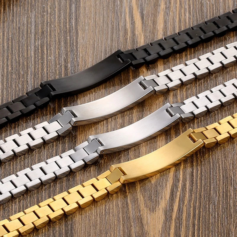 Pulseras personalizadas para hombres y mujeres, placa con nombre, cadena dorada de acero inoxidable, pulsera con nombre de identificación de pareja personalizada