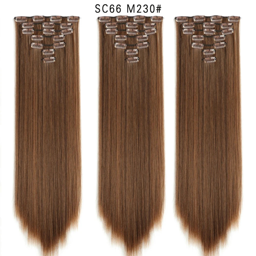 Buabuda-extensiones de cabello sintético largo y liso, 16Clips, fibra de alta temperatura, color rubio, negro y marrón