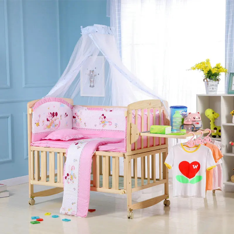 Beedome Pine Baby Cuna con estante, puede extender a una cama para niños de 1,4 metros, mecedora con 4 ruedas
