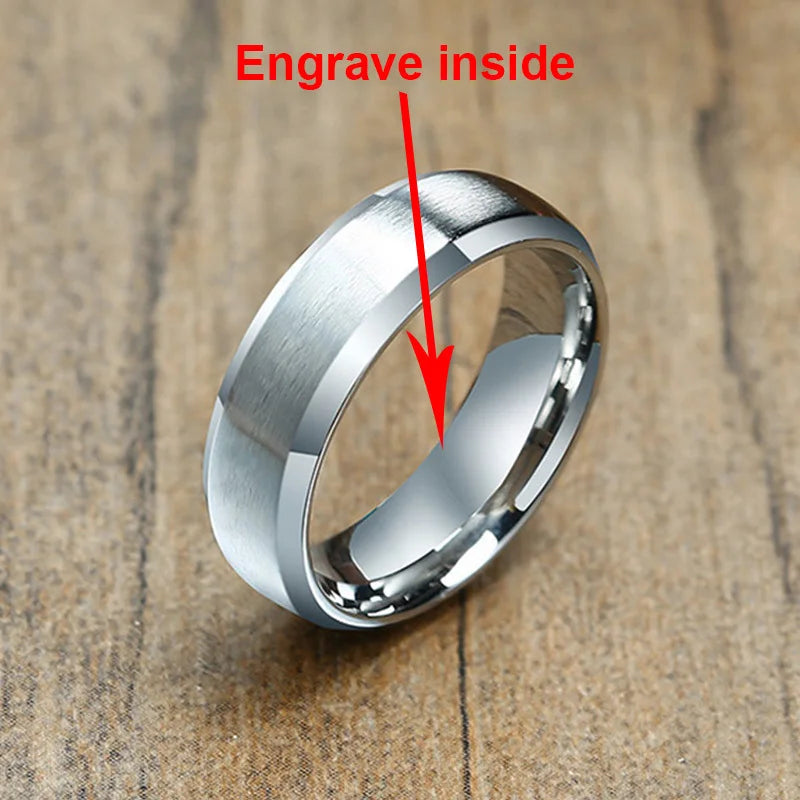 Vnox-Anillo de boda personalizado de acero inoxidable para hombres y mujeres, anillo central cepillado con borde biselado, banda negra, nombre grabado, letra, fecha