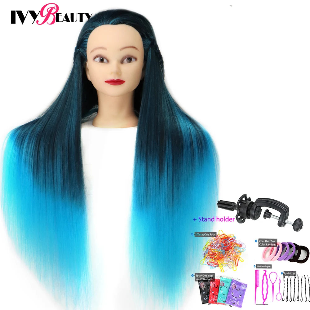 Cabeza de muñeca de maniquí de cosmetología con pelo de Color arcoíris para trenzar el cabello, entrenamiento de peinado, exhibición de salón de peluquería