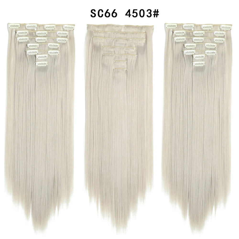 Buabuda-extensiones de cabello sintético largo y liso, 16Clips, fibra de alta temperatura, color rubio, negro y marrón