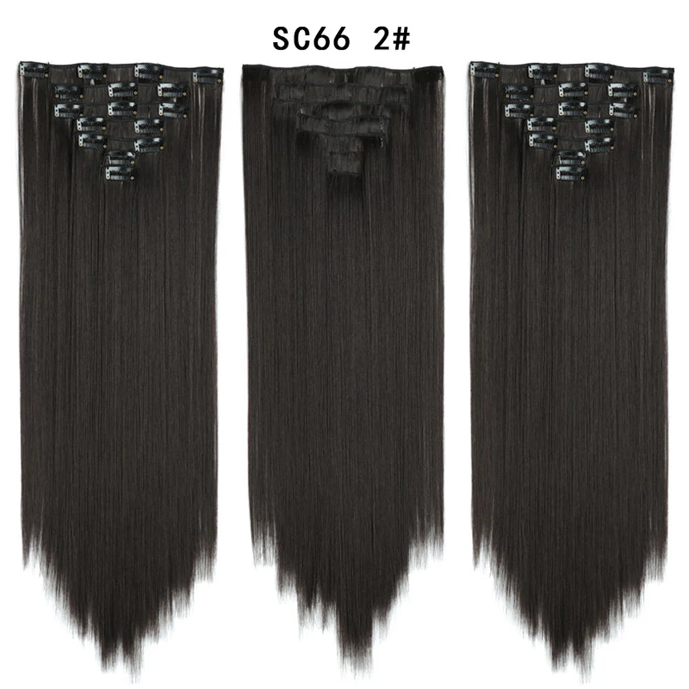 Buabuda-extensiones de cabello sintético largo y liso, 16Clips, fibra de alta temperatura, color rubio, negro y marrón