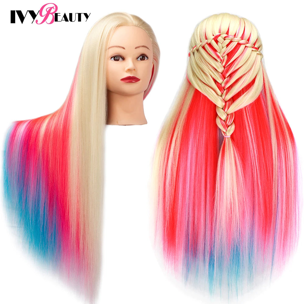 Cabeza de muñeca de maniquí de cosmetología con pelo de Color arcoíris para trenzar el cabello, entrenamiento de peinado, exhibición de salón de peluquería