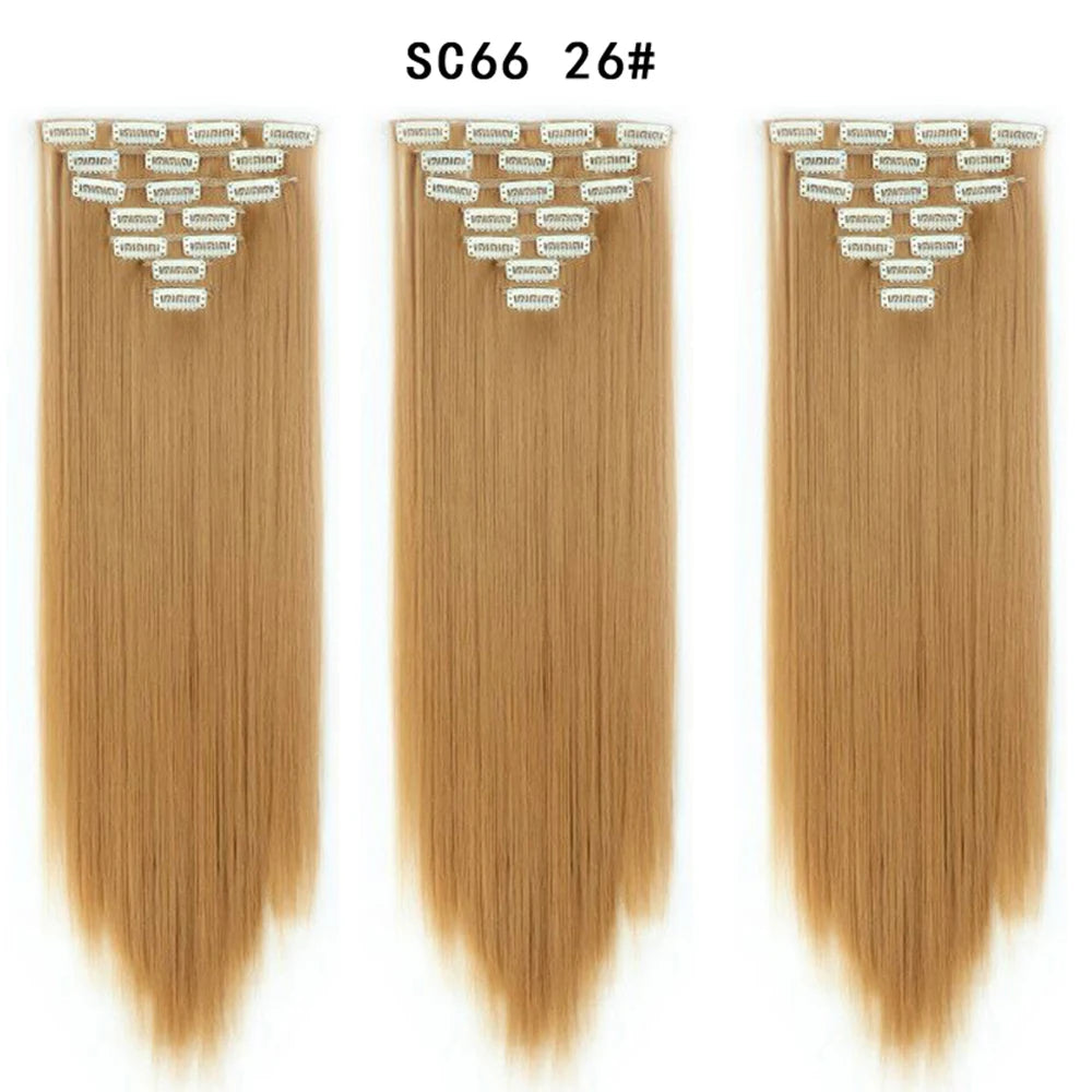 Buabuda-extensiones de cabello sintético largo y liso, 16Clips, fibra de alta temperatura, color rubio, negro y marrón