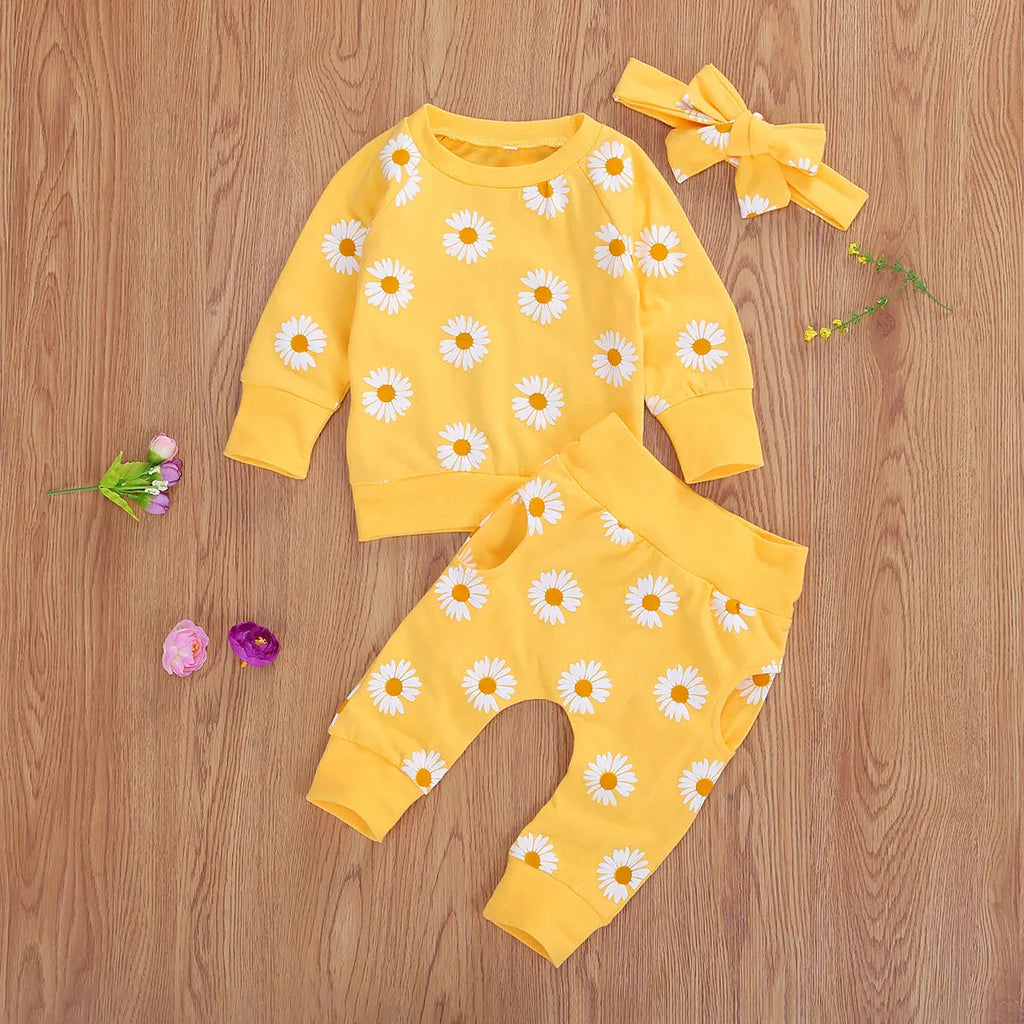 Trajes de algodón transpirables para bebé, niño y niña, sudadera de manga larga con estampado de margaritas, pantalones y Diadema con lazo, 3 uds.