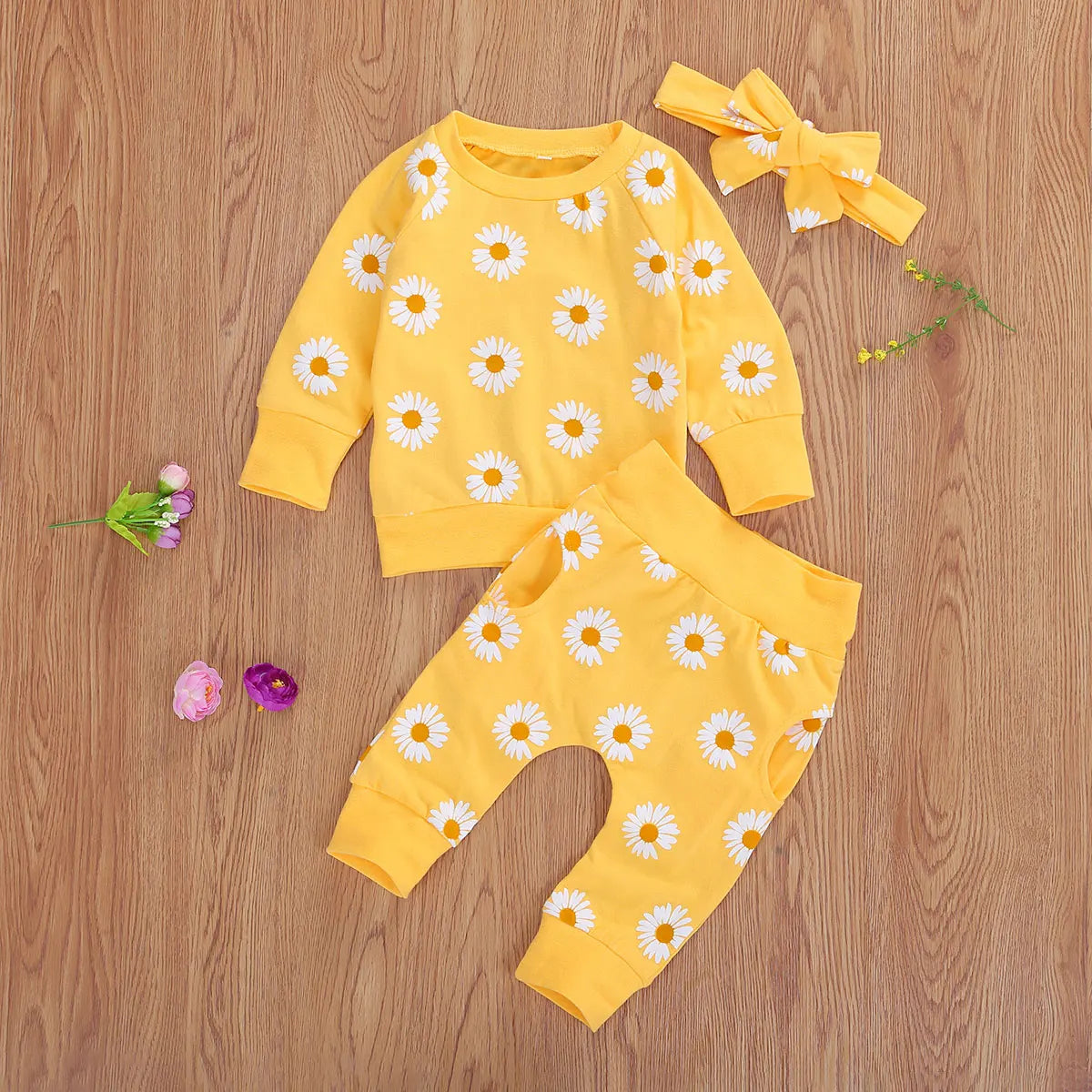 Trajes de algodón transpirables para bebé, niño y niña, sudadera de manga larga con estampado de margaritas, pantalones y Diadema con lazo, 3 uds.