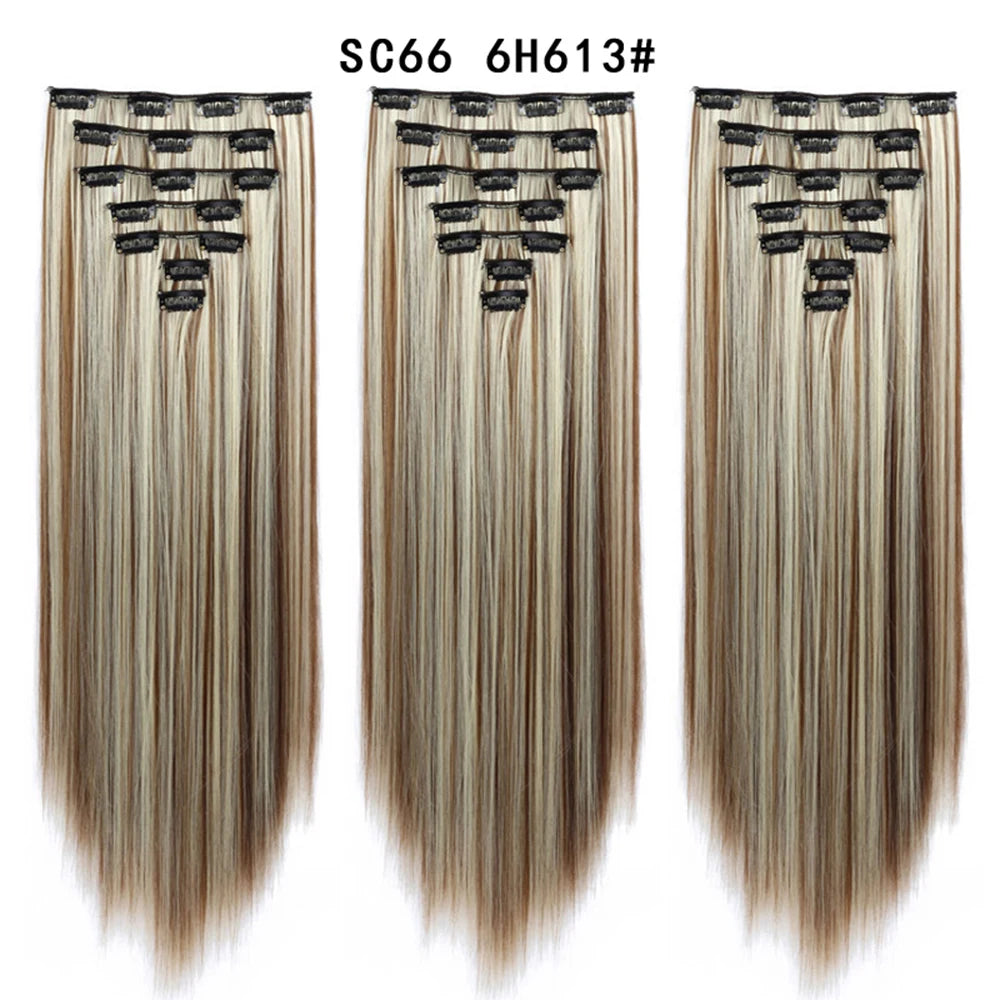 Buabuda-extensiones de cabello sintético largo y liso, 16Clips, fibra de alta temperatura, color rubio, negro y marrón