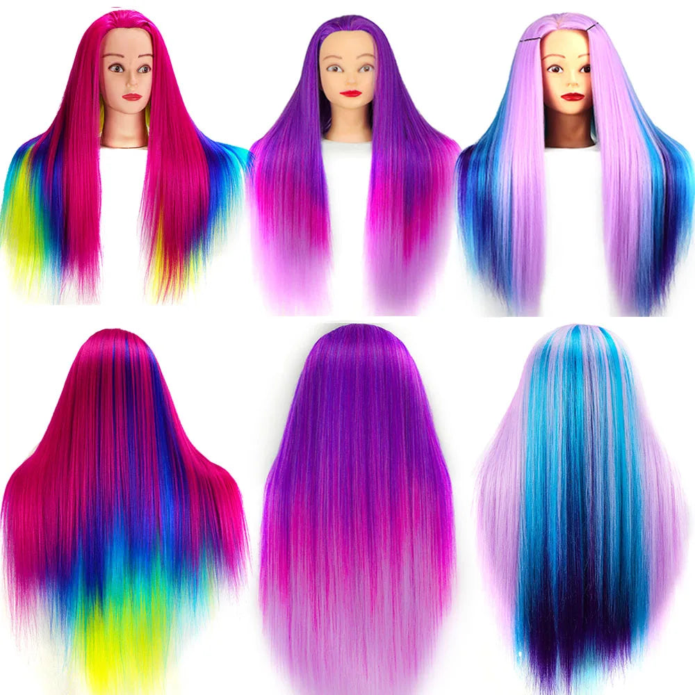 Cabeza de muñeca de maniquí de cosmetología con pelo de Color arcoíris para trenzar el cabello, entrenamiento de peinado, exhibición de salón de peluquería