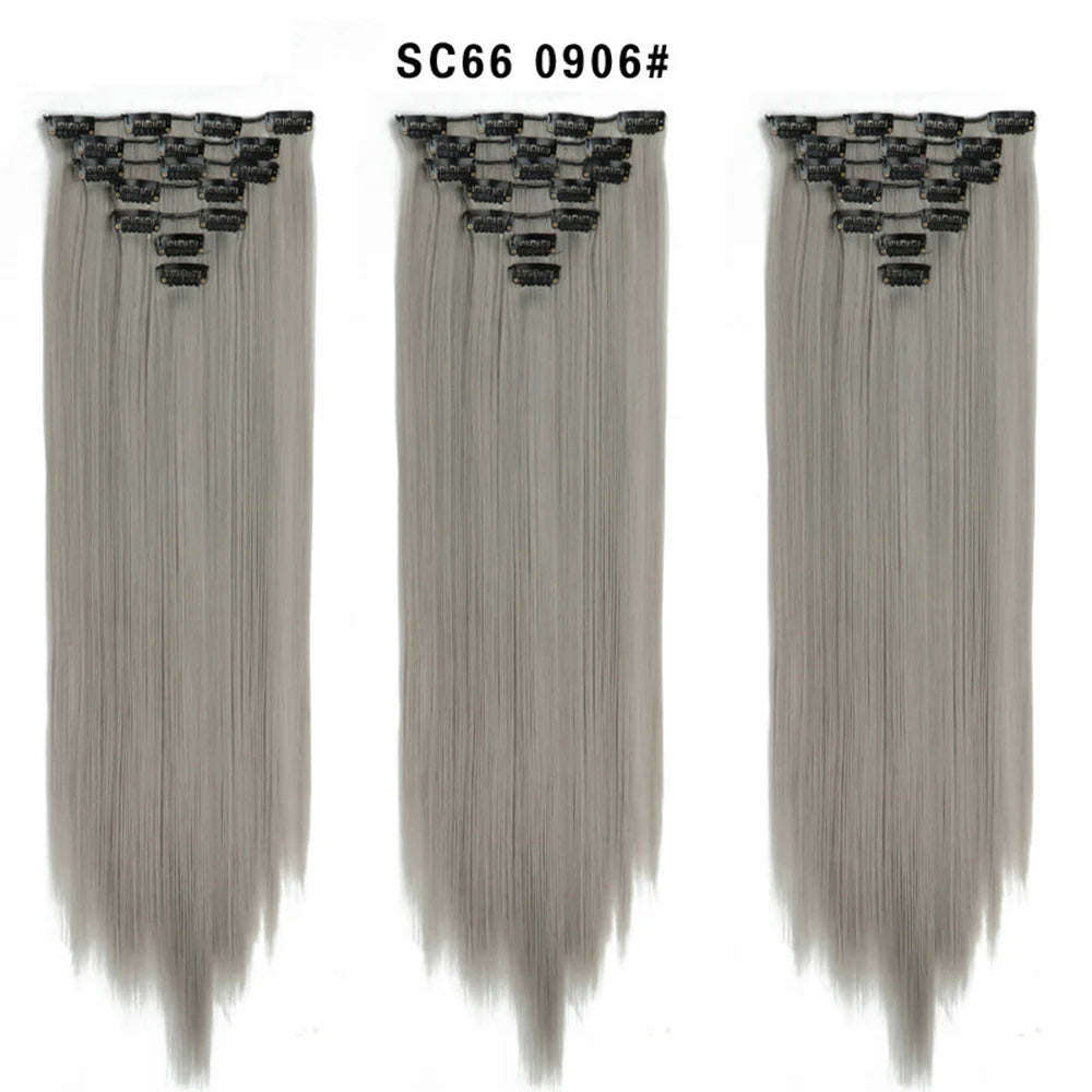 Buabuda-extensiones de cabello sintético largo y liso, 16Clips, fibra de alta temperatura, color rubio, negro y marrón