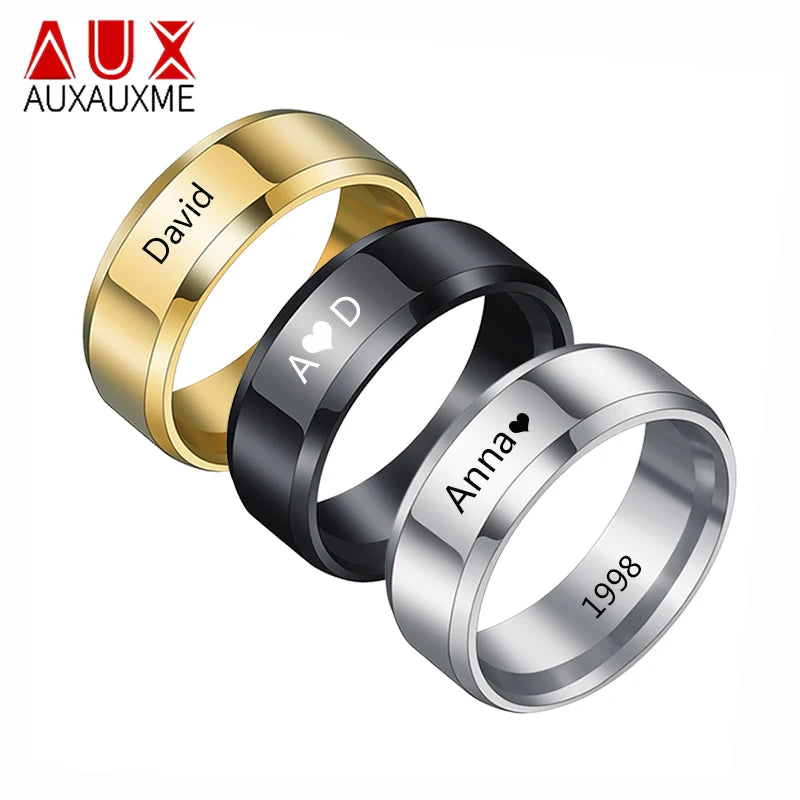 Anillos de boda Auxauxme con nombre personalizado, joyería personalizada con nombre grabado de acero inoxidable y fecha para mujeres y hombres, regalo de joyería de aniversario