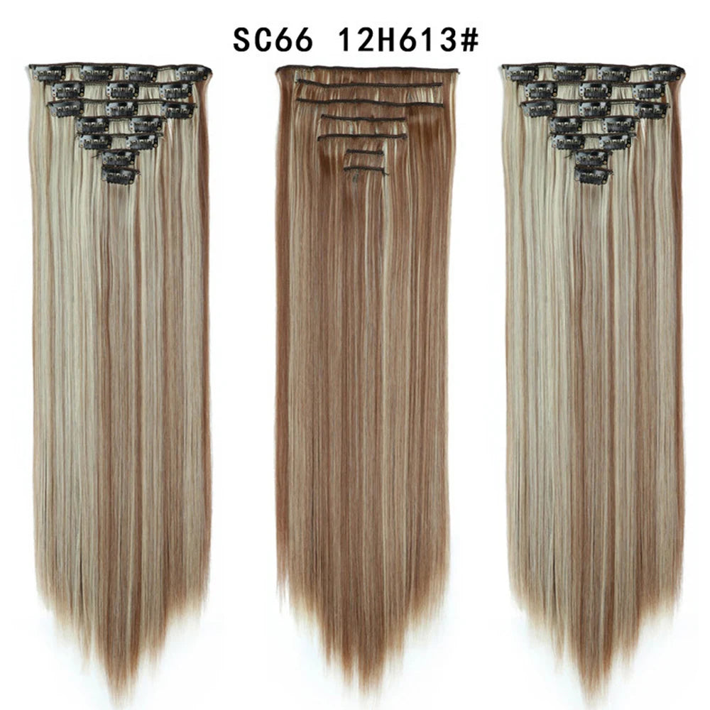 Buabuda-extensiones de cabello sintético largo y liso, 16Clips, fibra de alta temperatura, color rubio, negro y marrón