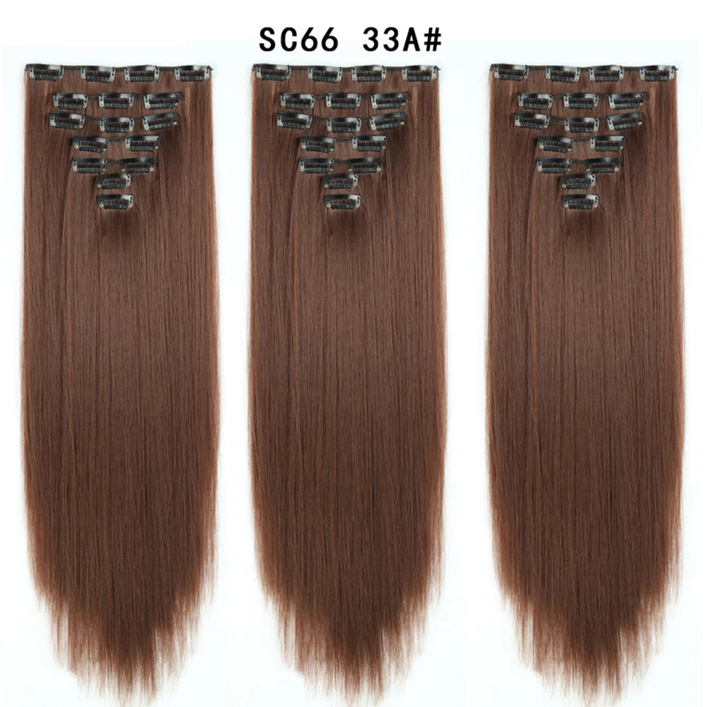 Buabuda-extensiones de cabello sintético largo y liso, 16Clips, fibra de alta temperatura, color rubio, negro y marrón