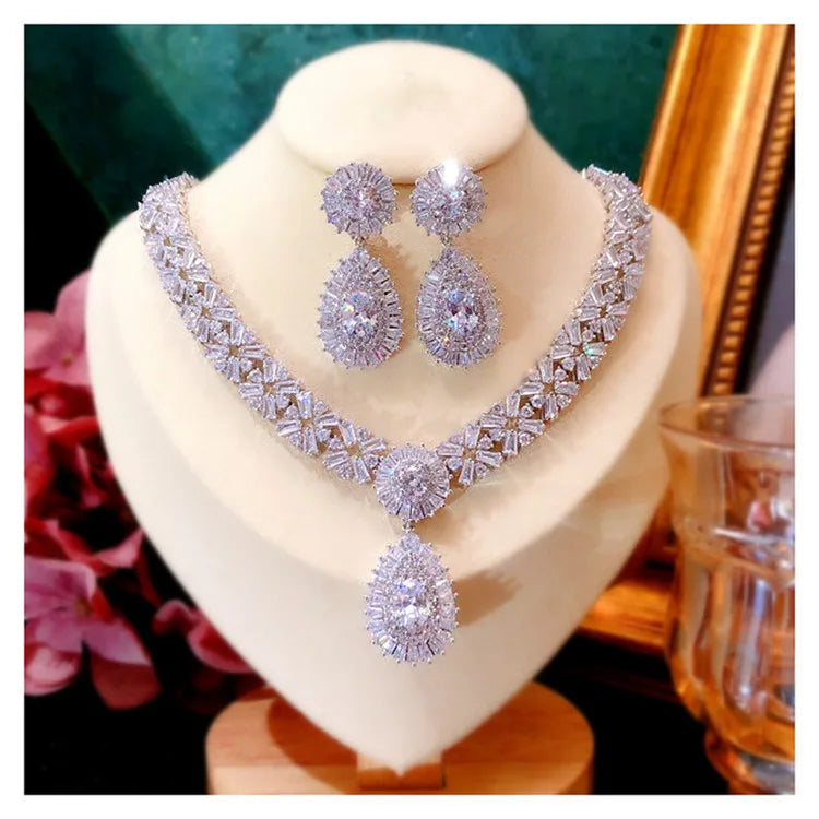 Conjuntos de joyería nupcial para mujer, pendientes de gota de aguja de plata S925, collares, colgantes, corona, boda, accesorios de circonita cúbica