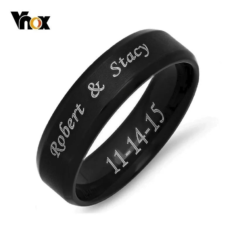 Vnox-Anillo de boda personalizado de acero inoxidable para hombres y mujeres, anillo central cepillado con borde biselado, banda negra, nombre grabado, letra, fecha