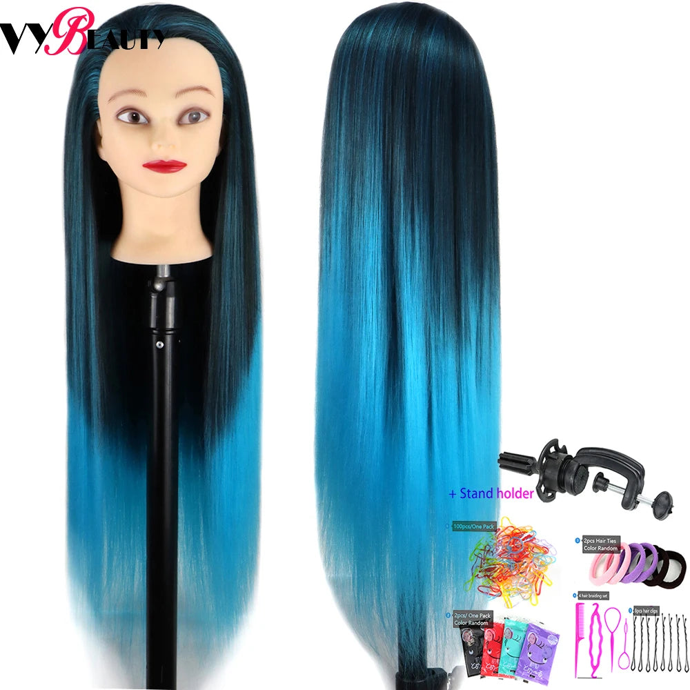 Cabeza de muñeca de maniquí de cosmetología con pelo de Color arcoíris para trenzar el cabello, entrenamiento de peinado, exhibición de salón de peluquería