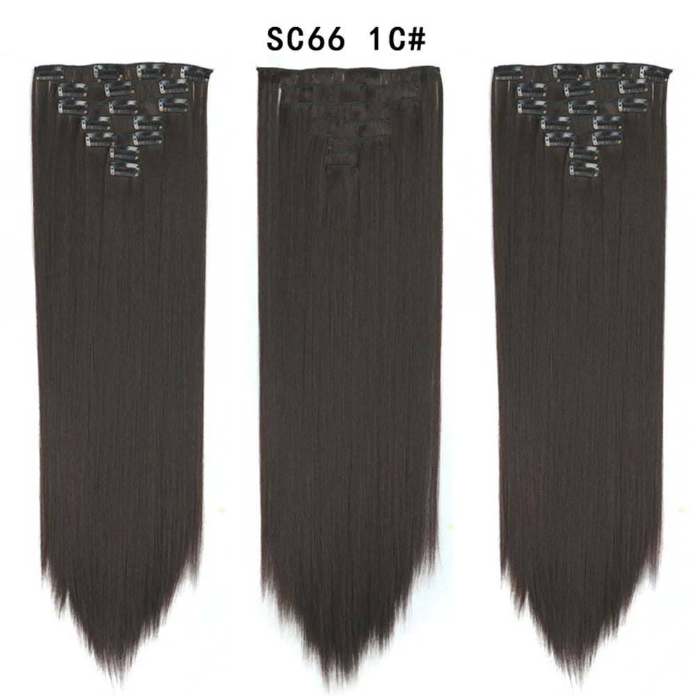 Buabuda-extensiones de cabello sintético largo y liso, 16Clips, fibra de alta temperatura, color rubio, negro y marrón
