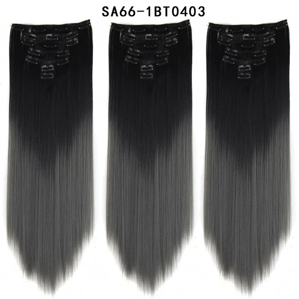 Buabuda-extensiones de cabello sintético largo y liso, 16Clips, fibra de alta temperatura, color rubio, negro y marrón