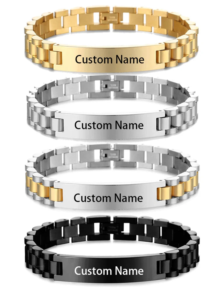Pulseras personalizadas para hombres y mujeres, placa con nombre, cadena dorada de acero inoxidable, pulsera con nombre de identificación de pareja personalizada