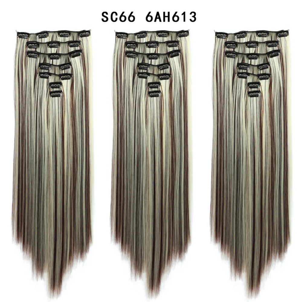Buabuda-extensiones de cabello sintético largo y liso, 16Clips, fibra de alta temperatura, color rubio, negro y marrón