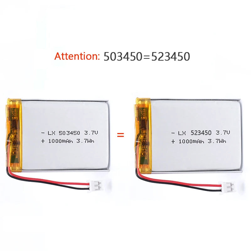 Batería Recargable de Litio Polímero de 1000 mAh y 3.7 V, Batería de Iones de Litio 523450/503450, PH2.0 de 2 Pines para GPS, Teléfono Inteligente, DVD, MP5