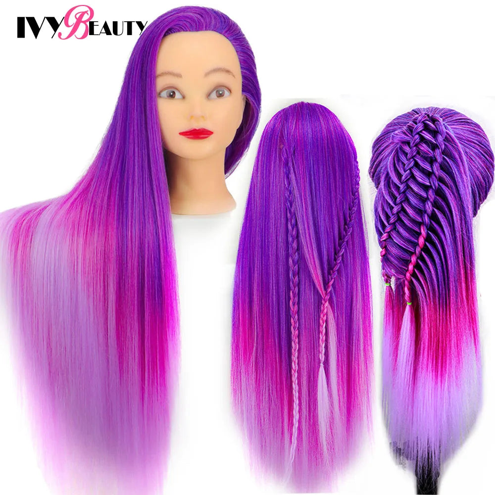 Cabeza de muñeca de maniquí de cosmetología con pelo de Color arcoíris para trenzar el cabello, entrenamiento de peinado, exhibición de salón de peluquería
