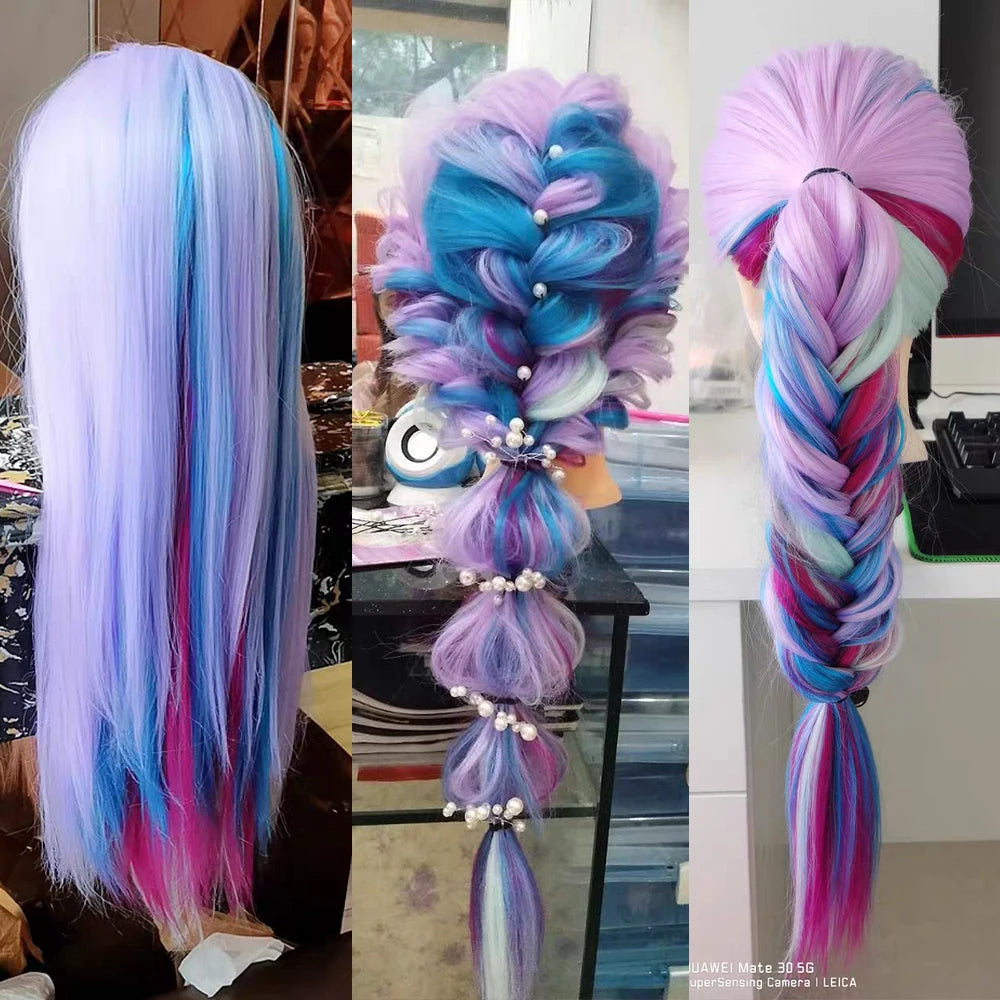 Cabeza de muñeca de maniquí de cosmetología con pelo de Color arcoíris para trenzar el cabello, entrenamiento de peinado, exhibición de salón de peluquería