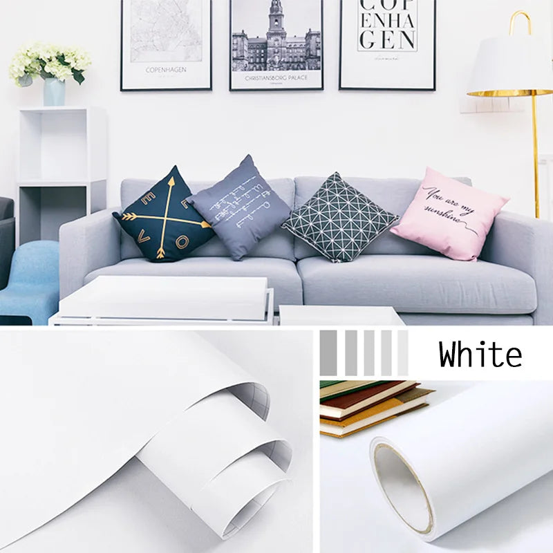 Papel tapiz impermeable de Color sólido, autoadhesivo para habitación, armario blanco y negro, pegatina de pared mate para muebles de cocina, ancho personalizable