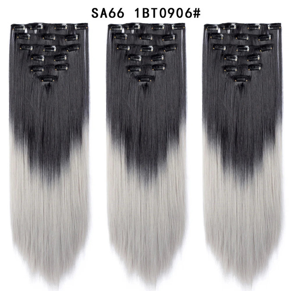 Buabuda-extensiones de cabello sintético largo y liso, 16Clips, fibra de alta temperatura, color rubio, negro y marrón