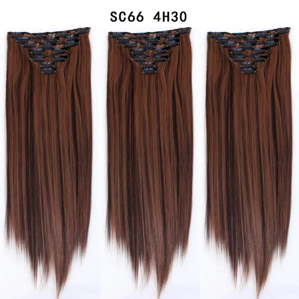Buabuda-extensiones de cabello sintético largo y liso, 16Clips, fibra de alta temperatura, color rubio, negro y marrón