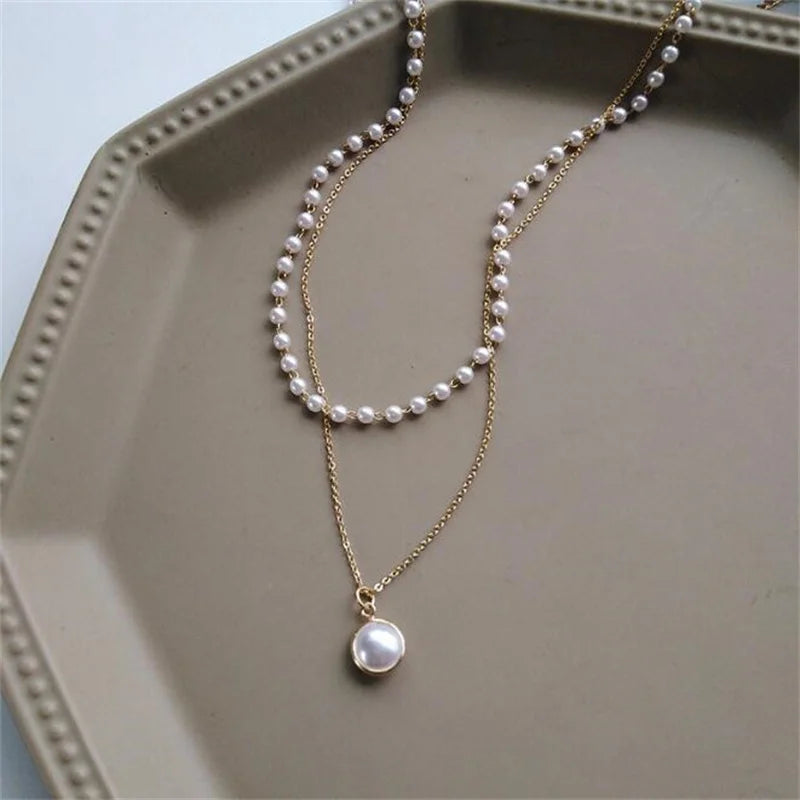 Gargantilla de perlas Kpop para mujer, collar con colgante de cadena de doble capa, regalo para niña, joyería, novedad de 2021