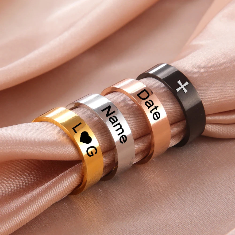Lemegeton-anillos de acero inoxidable con nombre personalizado Simple para hombre y mujer, 6/8mm, nombre grabado personalizado, texto, anillo negro, regalo de joyería